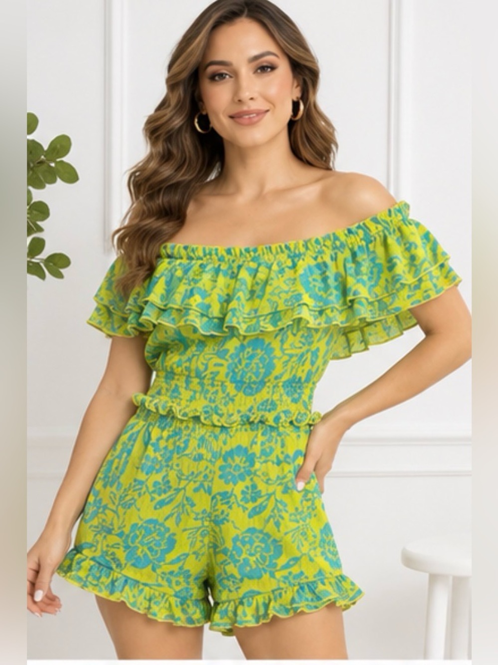 Umgee Floral Off Shoulder Ruffle Romper Lime Turquoise NWT Small